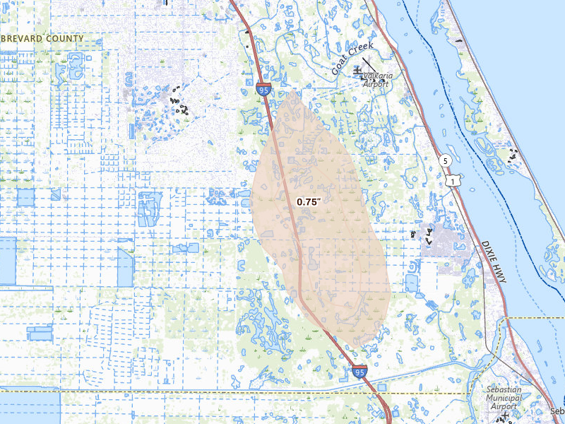Radar-estimated hail-size map of the storm over Palm Bay, FL on Aug 12, 2026