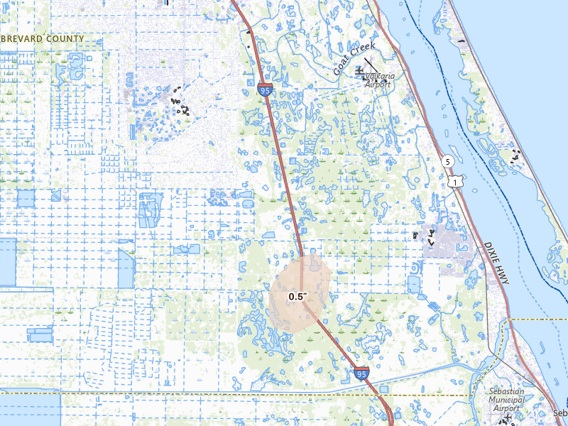 Radar-estimated hail-size map of the storm over Palm Bay, FL on Aug 22, 2026