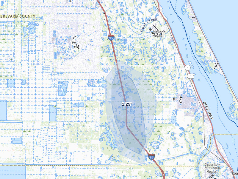 NEXRAD radar-signature map of the hail storm over Palm Bay, FL on Aug 22, 2026