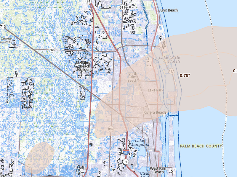 Radar-estimated hail-size map of the storm over Palm Beach Gardens, FL on Mar 16, 2026