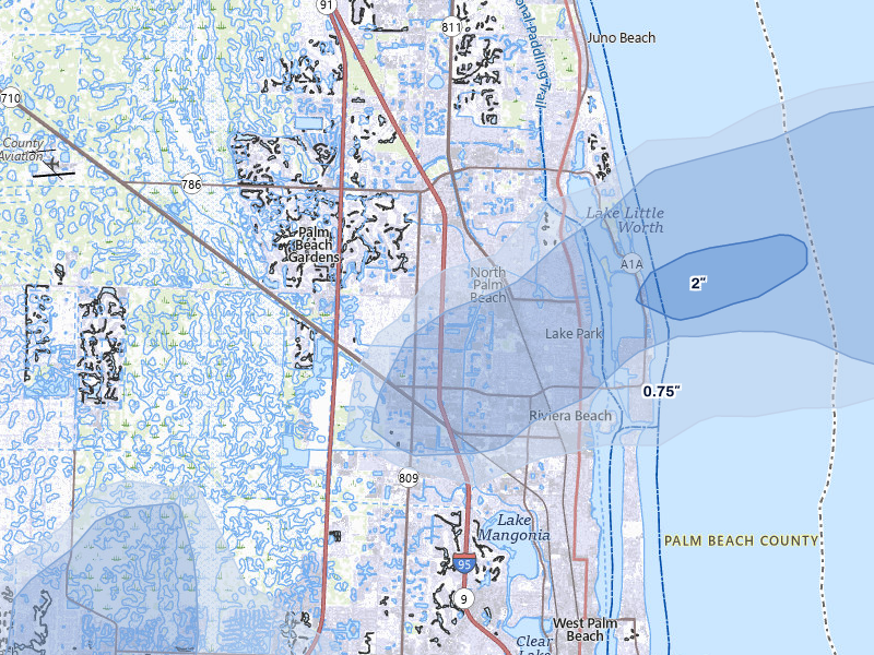 NEXRAD radar-signature map of the hail storm over Palm Beach Gardens, FL on Mar 16, 2026