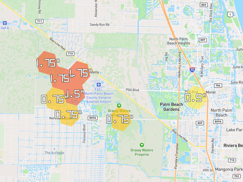 Hail map of Palm Beach Gardens, FL on Jul 12, 2026, hail up to 1.75"