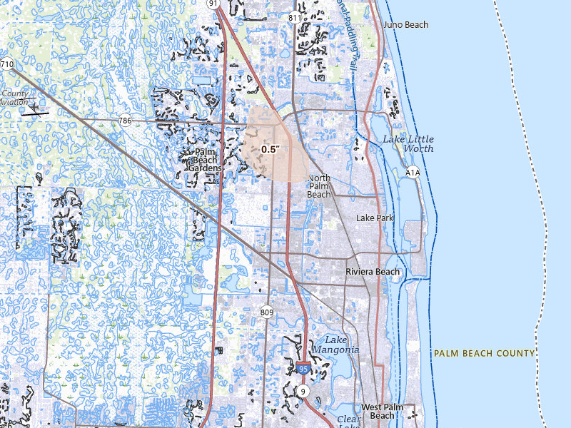 Radar-estimated hail-size map of the storm over Palm Beach Gardens, FL on Jul 16, 2026