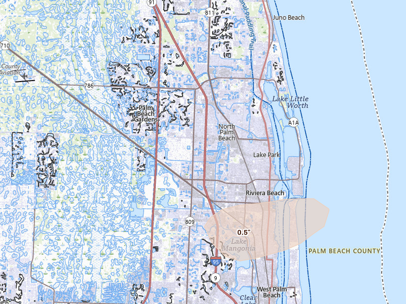Radar-estimated hail-size map of the storm over Palm Beach Gardens, FL on Aug 12, 2026