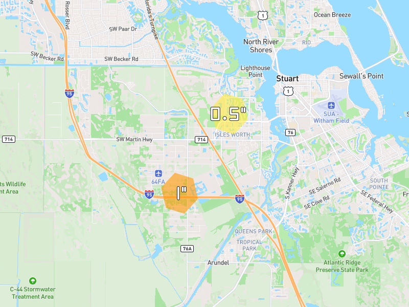 Hail map of Palm City, FL on Jun 1, 2026, hail up to 1"