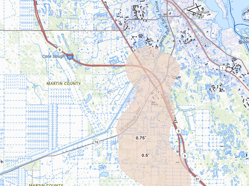 Radar-estimated hail-size map of the storm over Palm City, FL on Jun 20, 2026