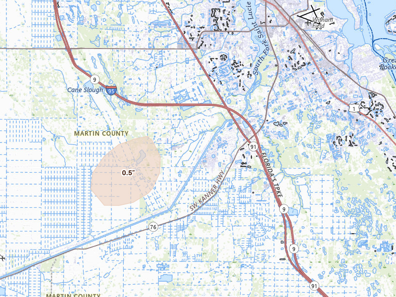 Radar-estimated hail-size map of the storm over Palm City, FL on Jun 22, 2026