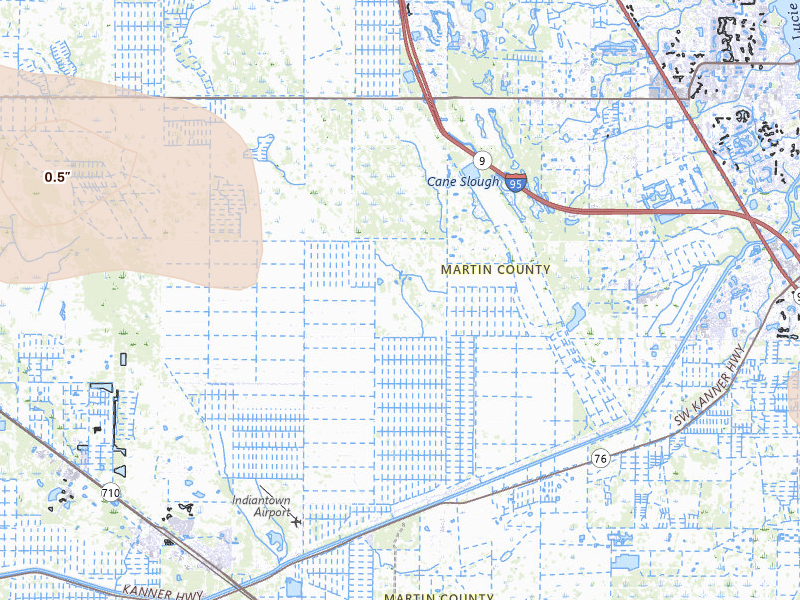 Radar-estimated hail-size map of the storm over Palm City, FL on Jun 24, 2026