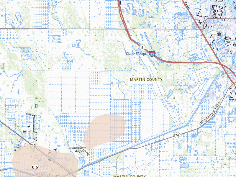 Radar-estimated hail-size map of the storm over Palm City, FL on Jul 3, 2026