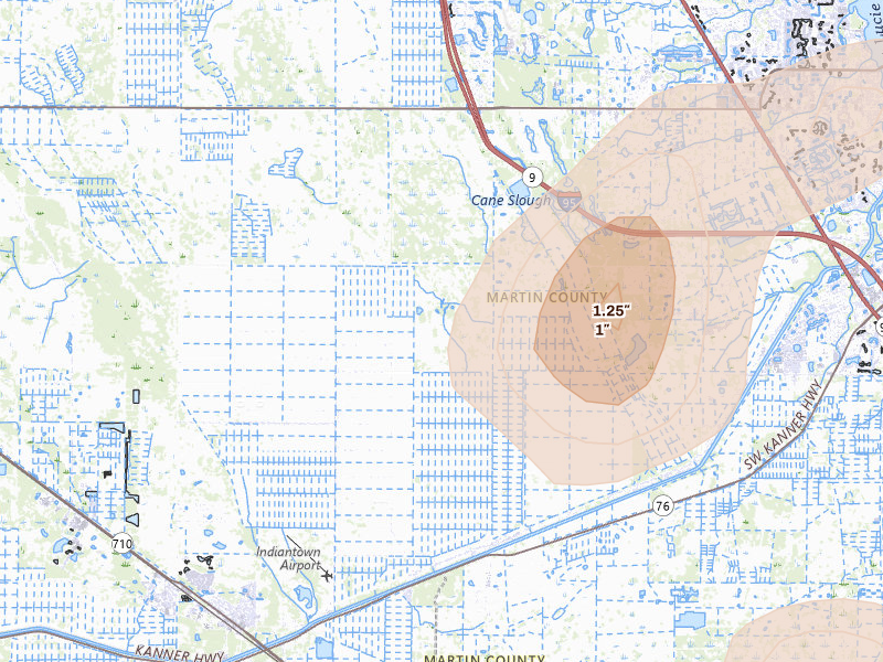 Radar-estimated hail-size map of the storm over Palm City, FL on Jul 12, 2026