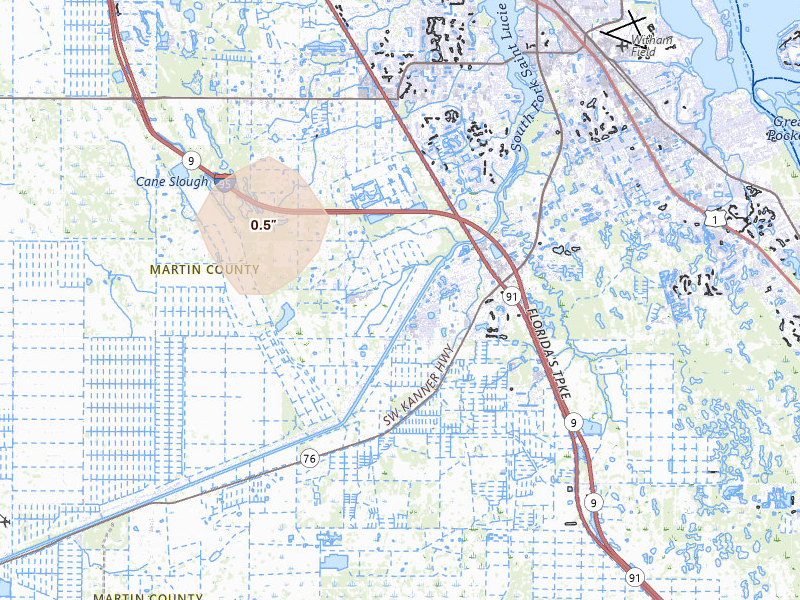 Radar-estimated hail-size map of the storm over Palm City, FL on Aug 4, 2026