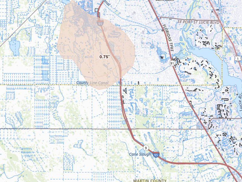Radar-estimated hail-size map of the storm over Palm City, FL on Aug 19, 2026