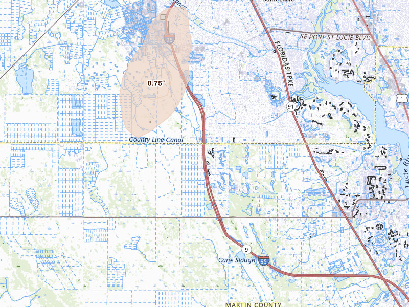 Radar-estimated hail-size map of the storm over Palm City, FL on Aug 21, 2026
