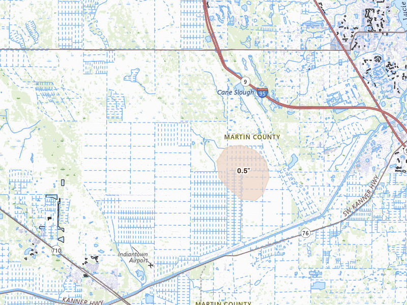 Radar-estimated hail-size map of the storm over Palm City, FL on Aug 23, 2026