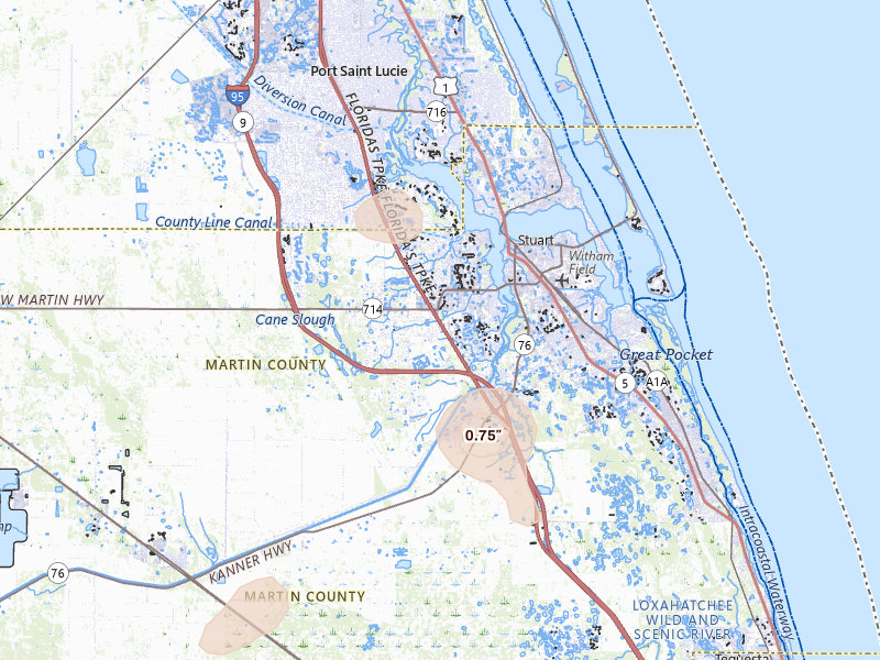 Radar-estimated hail-size map of the storm over Palm City, FL on Aug 26, 2026
