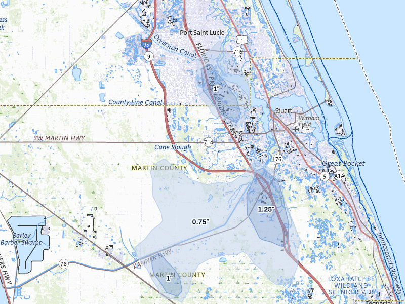 NEXRAD radar-signature map of the hail storm over Palm City, FL on Aug 26, 2026