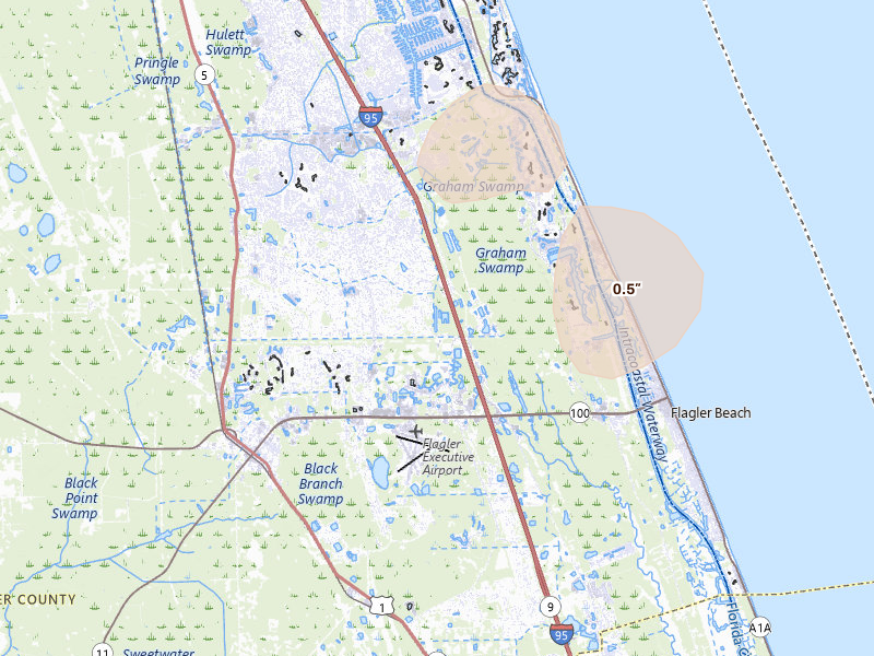 Radar-estimated hail-size map of the storm over Palm Coast, FL on Jul 6, 2026