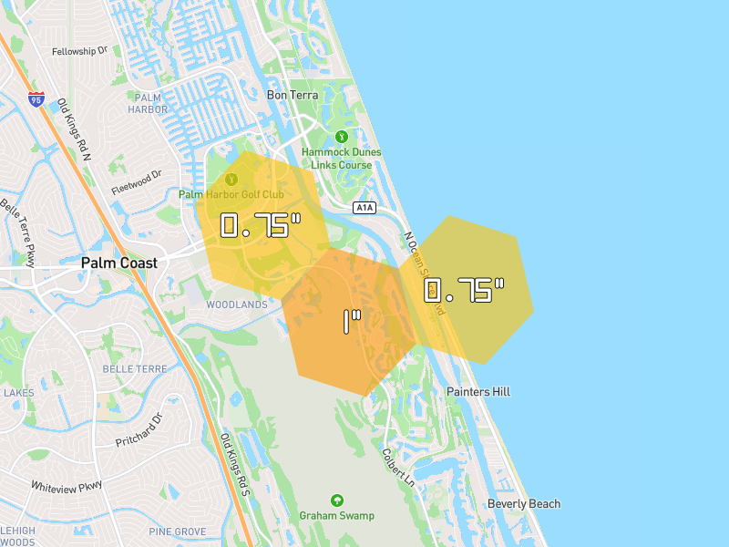 Hail map of Palm Coast, FL on Jul 6, 2026, hail up to 1"