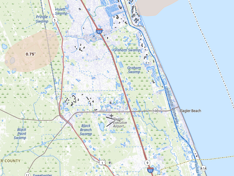 Radar-estimated hail-size map of the storm over Palm Coast, FL on Jul 9, 2026