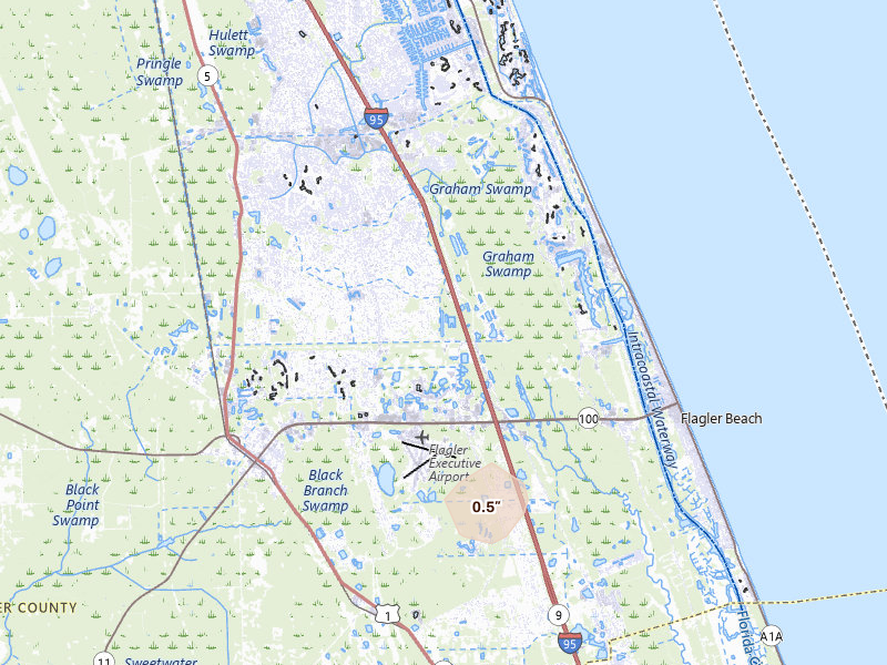 Radar-estimated hail-size map of the storm over Palm Coast, FL on Jul 26, 2026