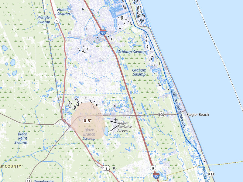 Radar-estimated hail-size map of the storm over Palm Coast, FL on Aug 26, 2026