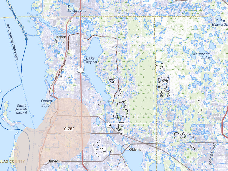 Radar-estimated hail-size map of the storm over Palm Harbor, FL on Jul 10, 2026