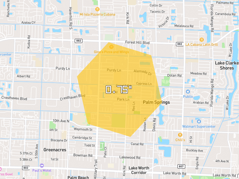 Hail map of Palm Springs, FL on Jul 25, 2026, hail up to 0.75"