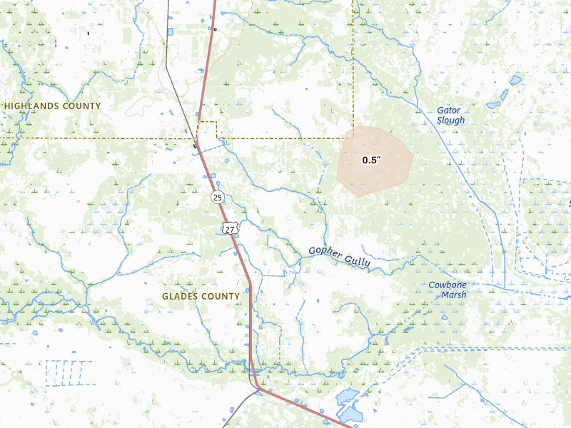 Radar-estimated hail-size map of the storm over Palmdale, FL on Jul 14, 2026