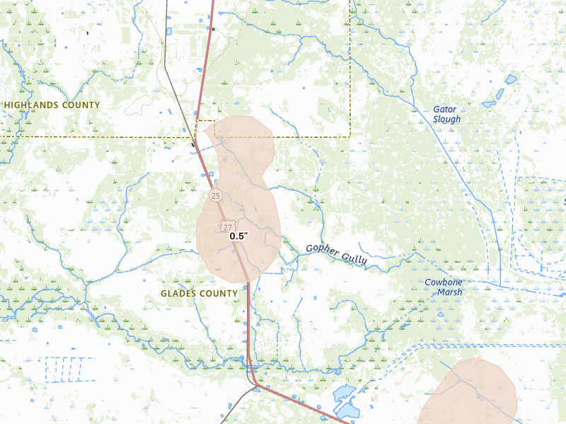 Radar-estimated hail-size map of the storm over Palmdale, FL on Jul 25, 2026