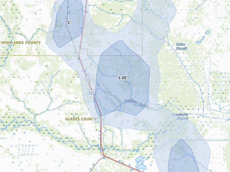 NEXRAD radar-signature map of the hail storm over Palmdale, FL on Jul 25, 2026