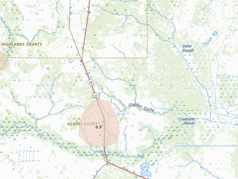 Radar-estimated hail-size map of the storm over Palmdale, FL on Aug 7, 2026