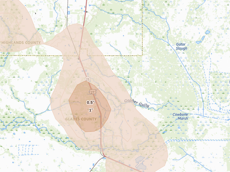 Radar-estimated hail-size map of the storm over Palmdale, FL on Aug 20, 2026