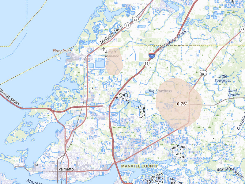 Radar-estimated hail-size map of the storm over Palmetto, FL on May 26, 2026