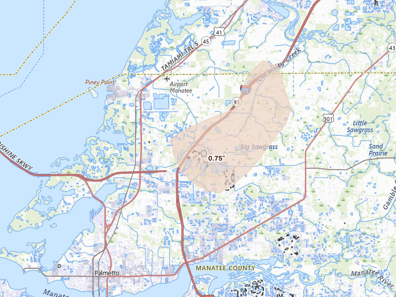 Radar-estimated hail-size map of the storm over Palmetto, FL on Jul 9, 2026