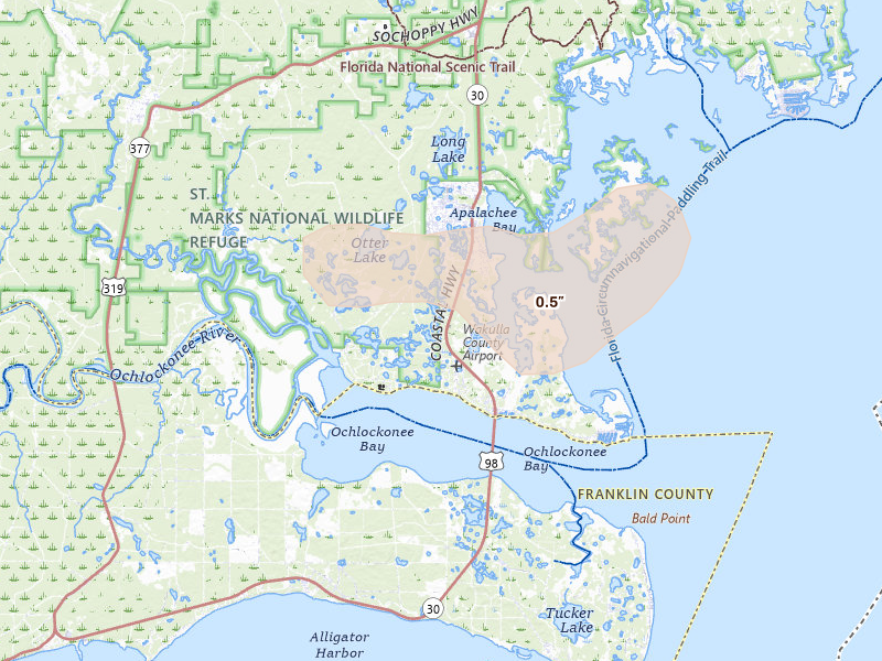 Radar-estimated hail-size map of the storm over Panacea, FL on Jun 30, 2026