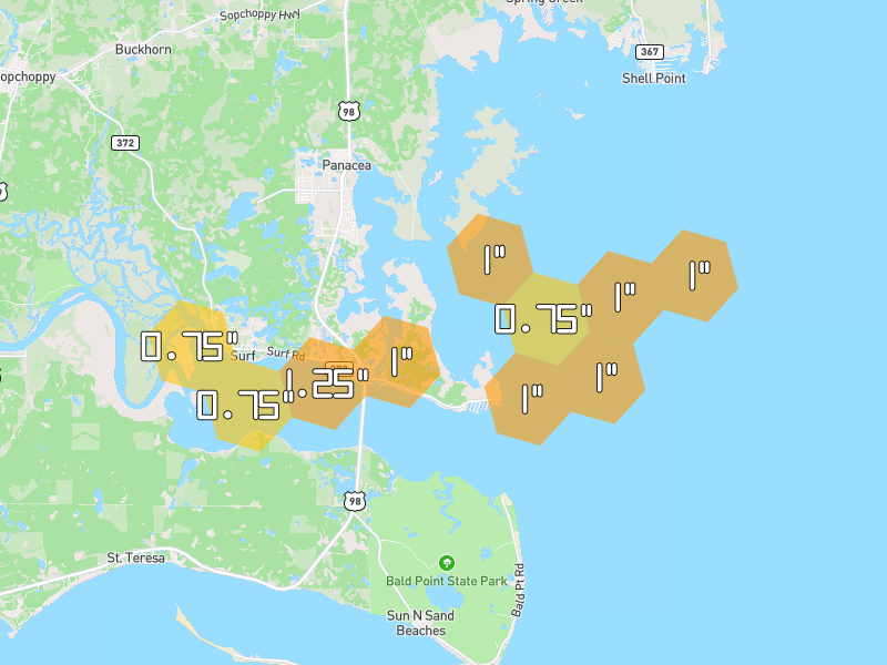 Hail map of Panacea, FL on Jun 30, 2026, hail up to 1.25"