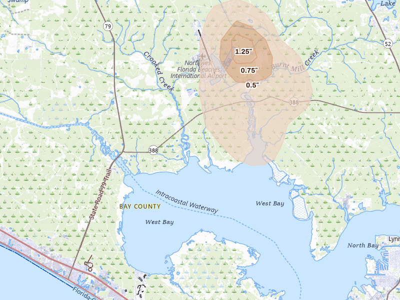 Radar-estimated hail-size map of the storm over Panama City Beach, FL on Jul 29, 2026