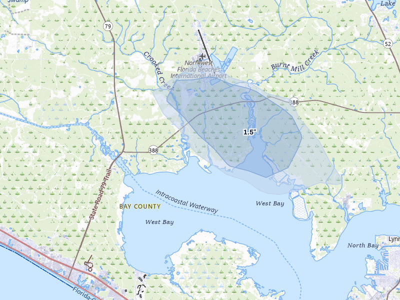 NEXRAD radar-signature map of the hail storm over Panama City Beach, FL on Jul 29, 2026