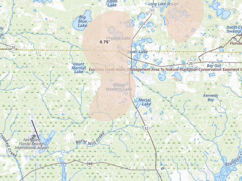 Radar-estimated hail-size map of the storm over Panama City, FL on Jul 8, 2026