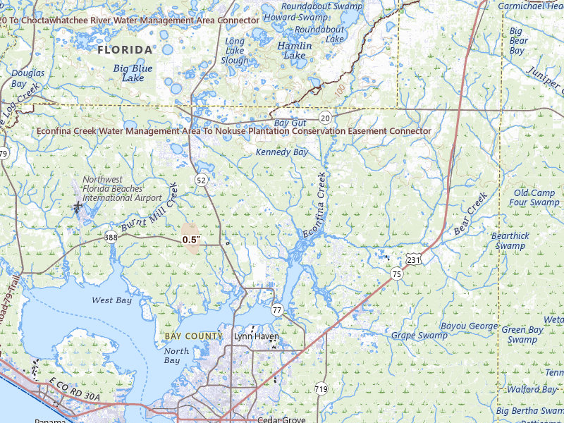 Radar-estimated hail-size map of the storm over Panama City, FL on Jul 17, 2026