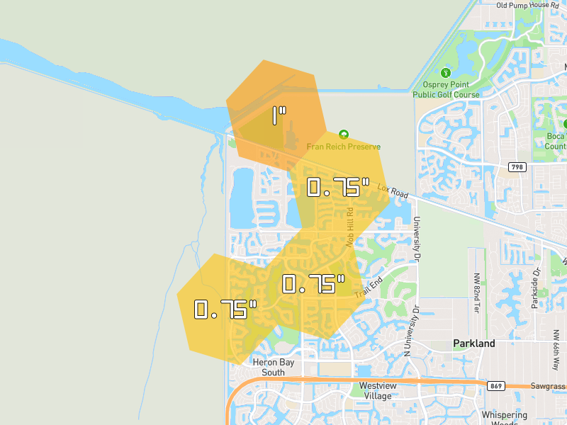 Hail map of Parkland, FL on Jul 4, 2026, hail up to 1"