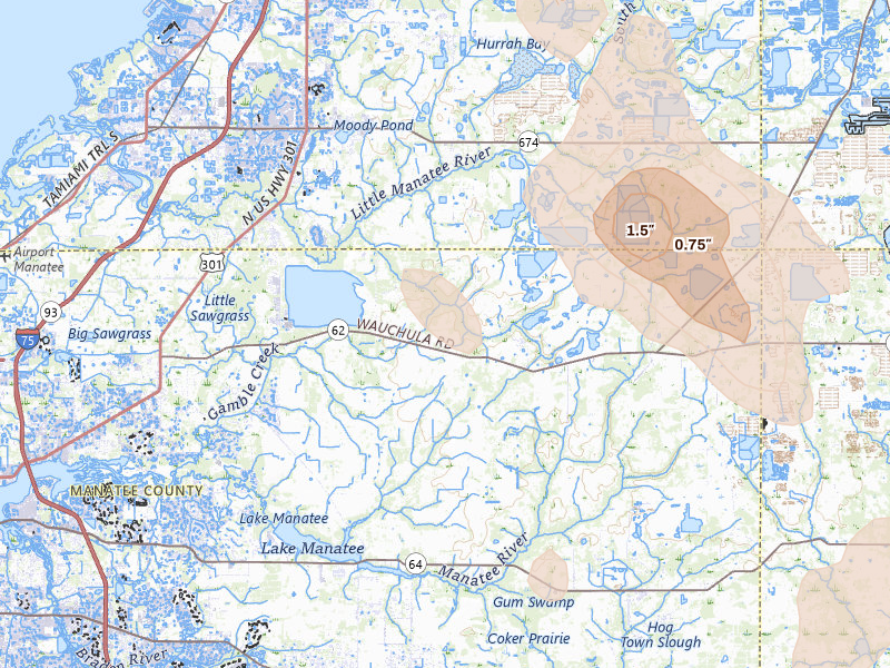 Radar-estimated hail-size map of the storm over Parrish, FL on Mar 5, 2026
