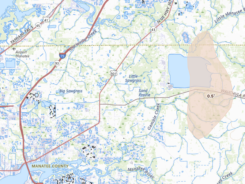 Radar-estimated hail-size map of the storm over Parrish, FL on Jun 25, 2026