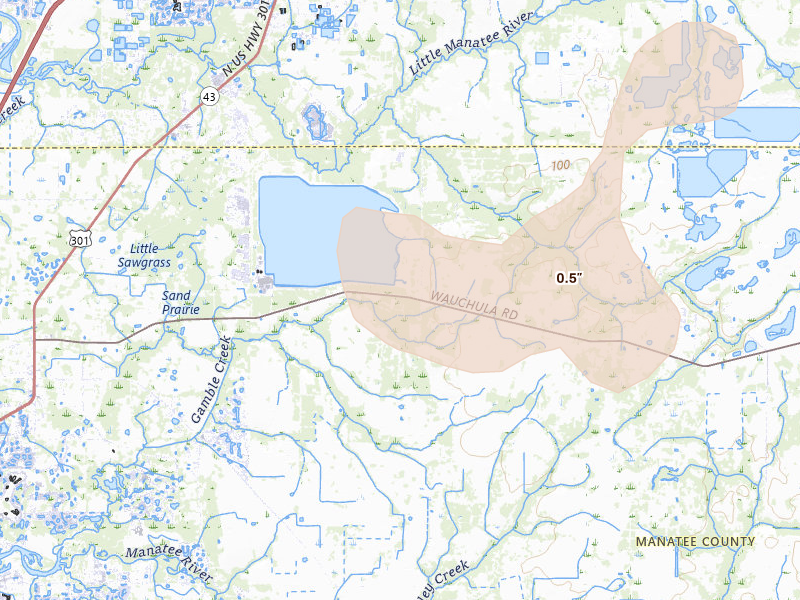 Radar-estimated hail-size map of the storm over Parrish, FL on Aug 8, 2026