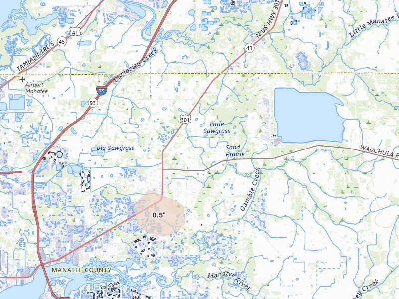 Radar-estimated hail-size map of the storm over Parrish, FL on Aug 14, 2026