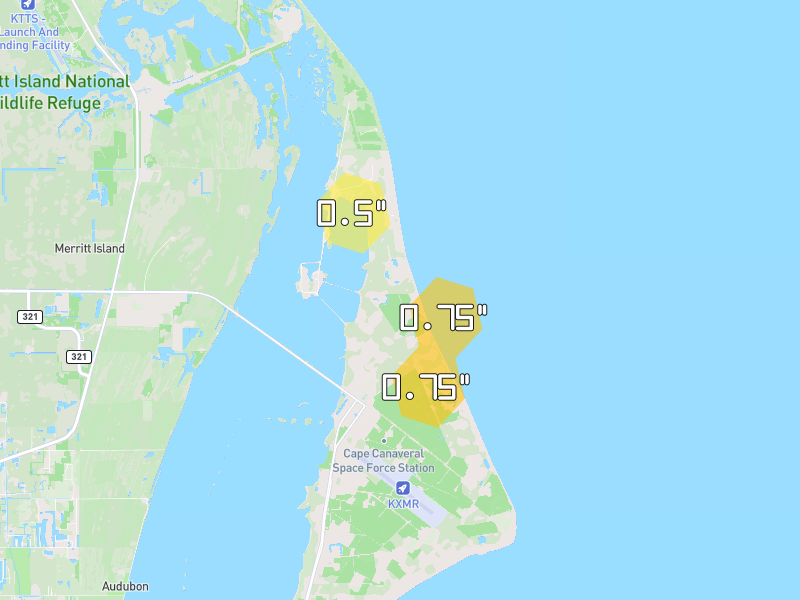 Hail map of Patrick Air Force Base, FL on Jun 2, 2026, hail up to 0.75"