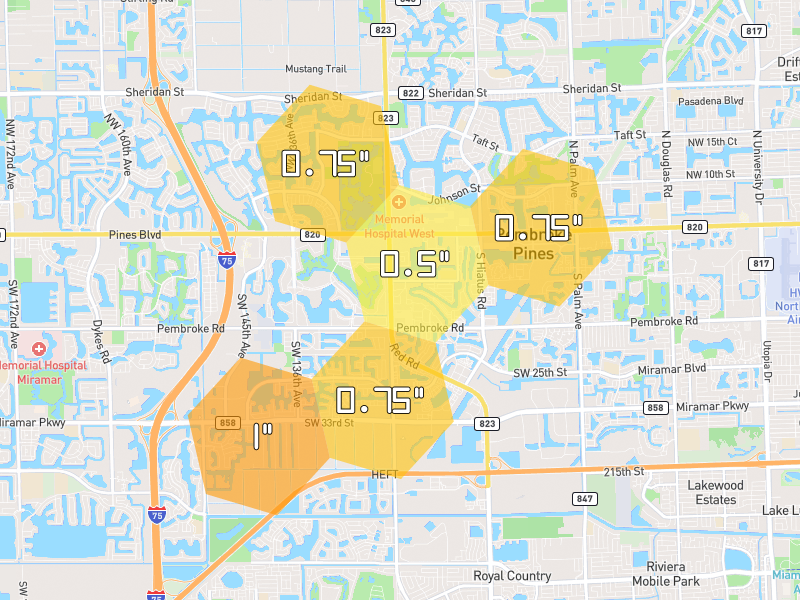 Hail map of Pembroke Pines, FL on Jun 2, 2026, hail up to 1"