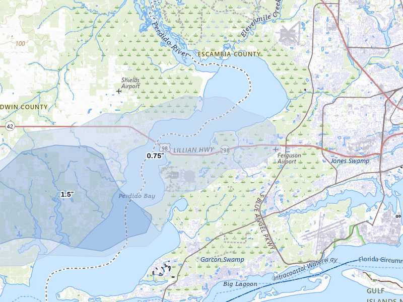 NEXRAD radar-signature map of the hail over Pensacola, FL