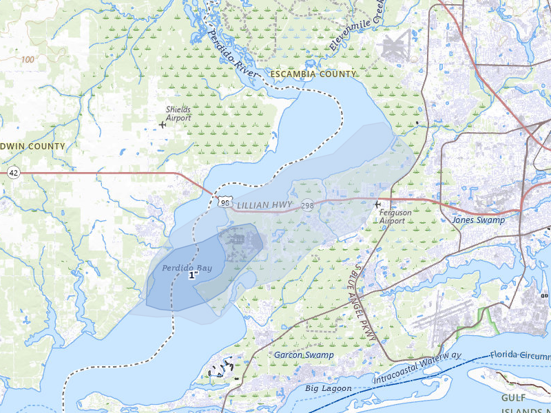 NEXRAD radar-signature map of the hail over Pensacola, FL