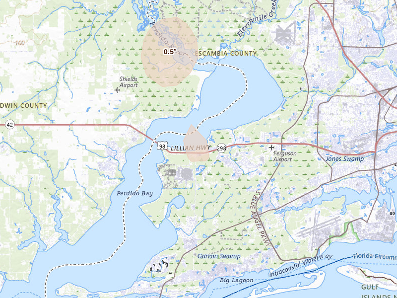Radar-estimated hail-size map of the storm over Pensacola, FL on Jul 30, 2026